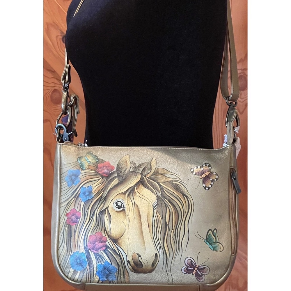 Anuschka 7456 Golden Horse Hand Painted Leather Crossbody Bag NWT India